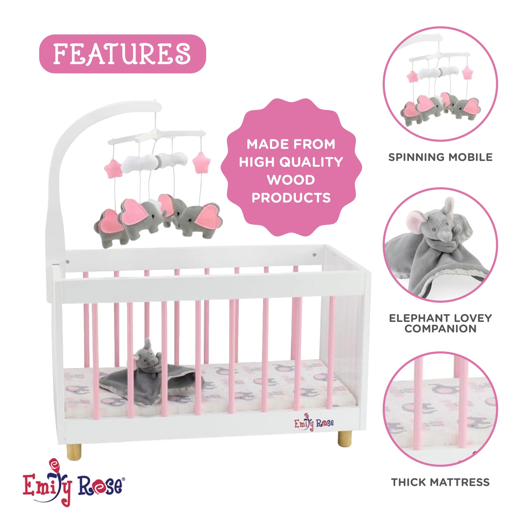 Emily Rose elephant-print bedding enhances cozy pretend play space.