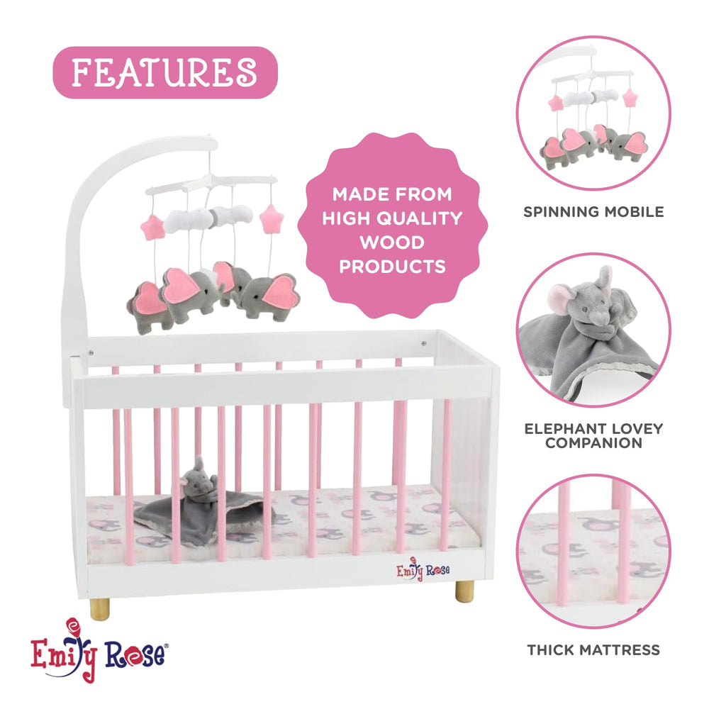 Emily Rose elephant-print bedding enhances cozy pretend play space.