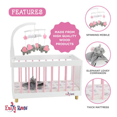 Emily Rose elephant-print bedding enhances cozy pretend play space.