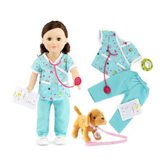 Emily Rose blue animal-printed doll scrub for imaginative veterinary play.