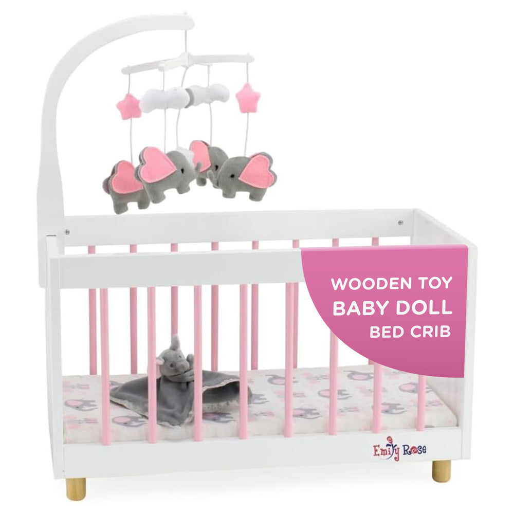 Emily Rose elephant crib doll nursery shows a sturdy wood bed for 18-inch dolls.