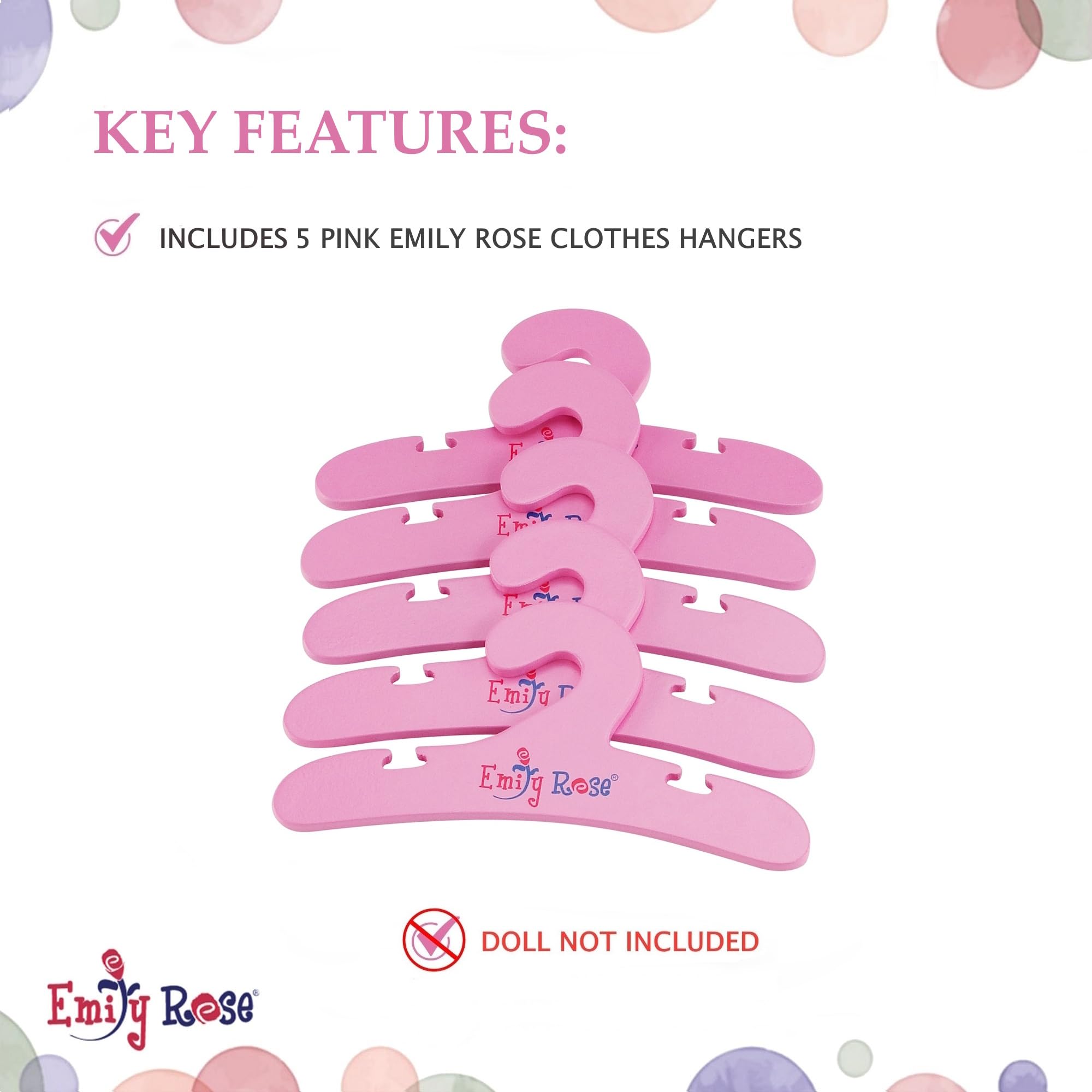 Emily Rose closet includes five hangers to securely hold outfits.