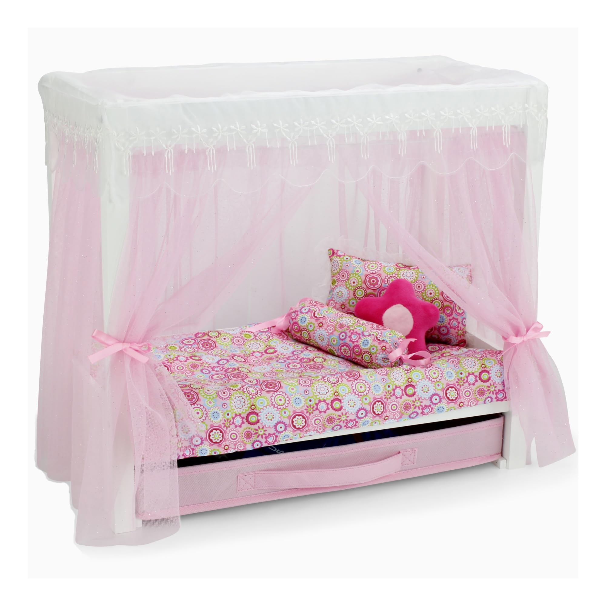 Lace trim and bow accents on the Emily Rose canopy bed