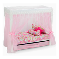 Lace trim and bow accents on the Emily Rose canopy bed