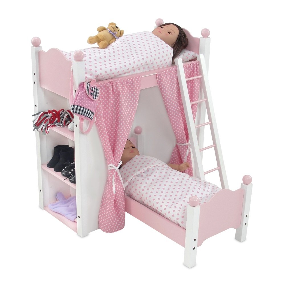 Emily Rose bunk bed with two large storage bins for doll accessories.