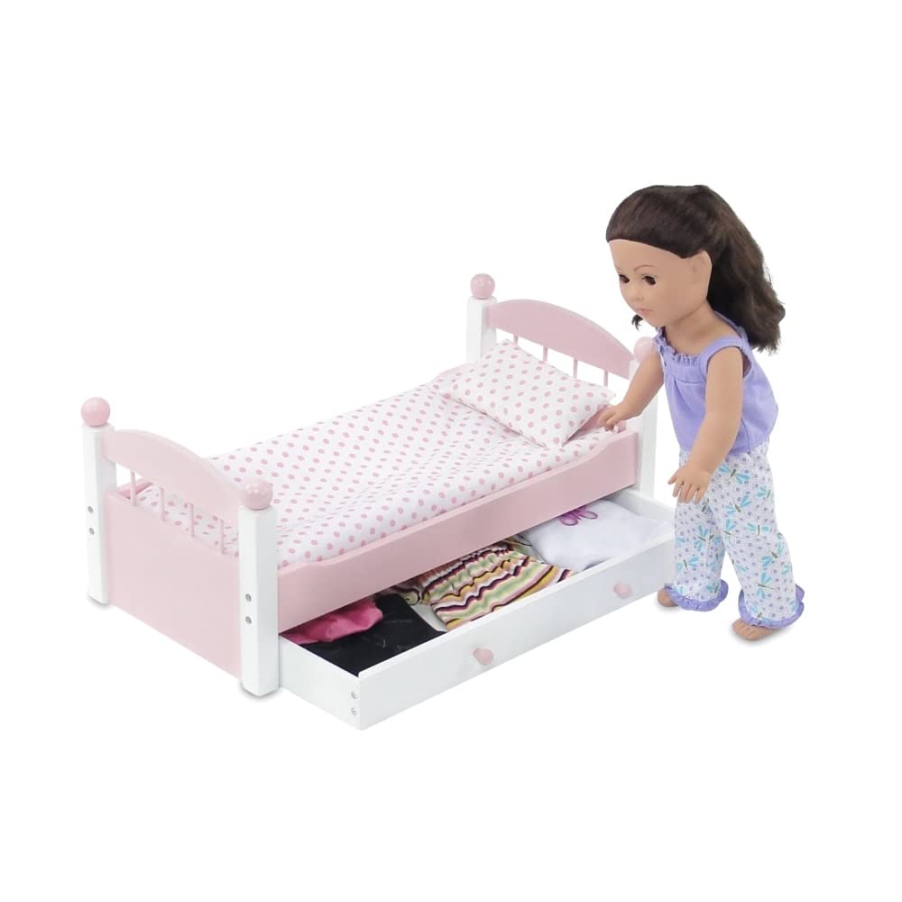 Emily Rose pink trundle bed with drawer for 18-inch dolls, ideal for sleepovers.