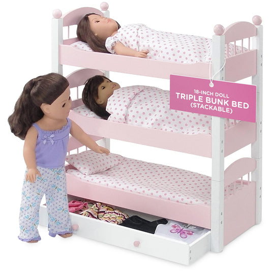 Emily Rose triple bunk bed setup, space-saving for 18-inch dolls.