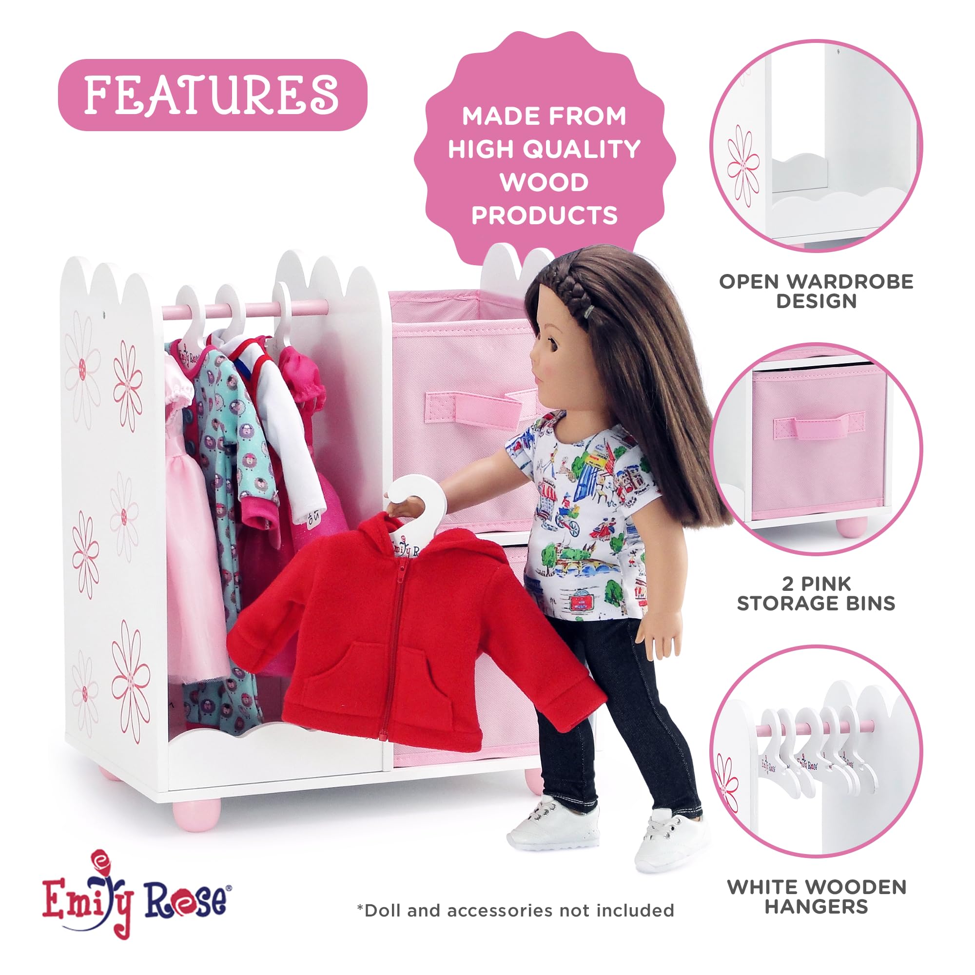 Emily Rose wardrobe with hanging rod ideal for daily doll dressups.