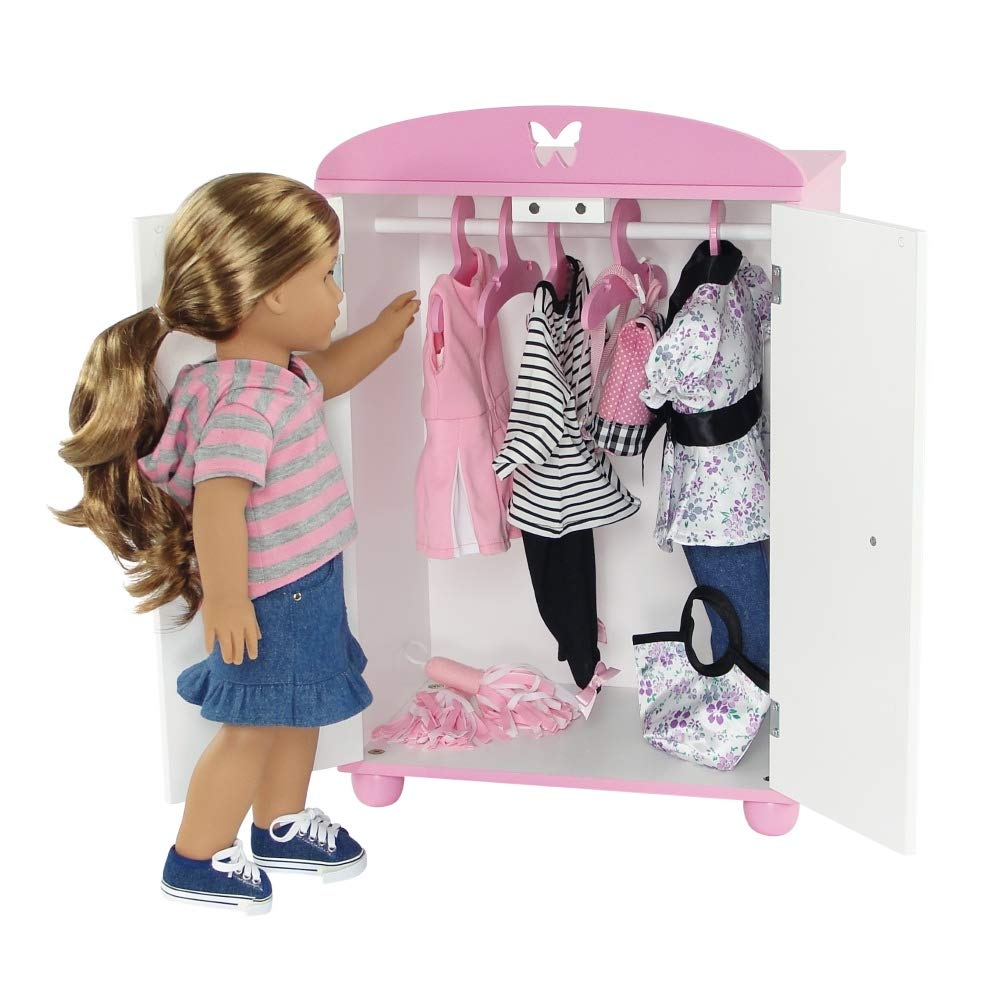 Emily Rose wooden doll closet features smooth finish and kid-friendly safety.