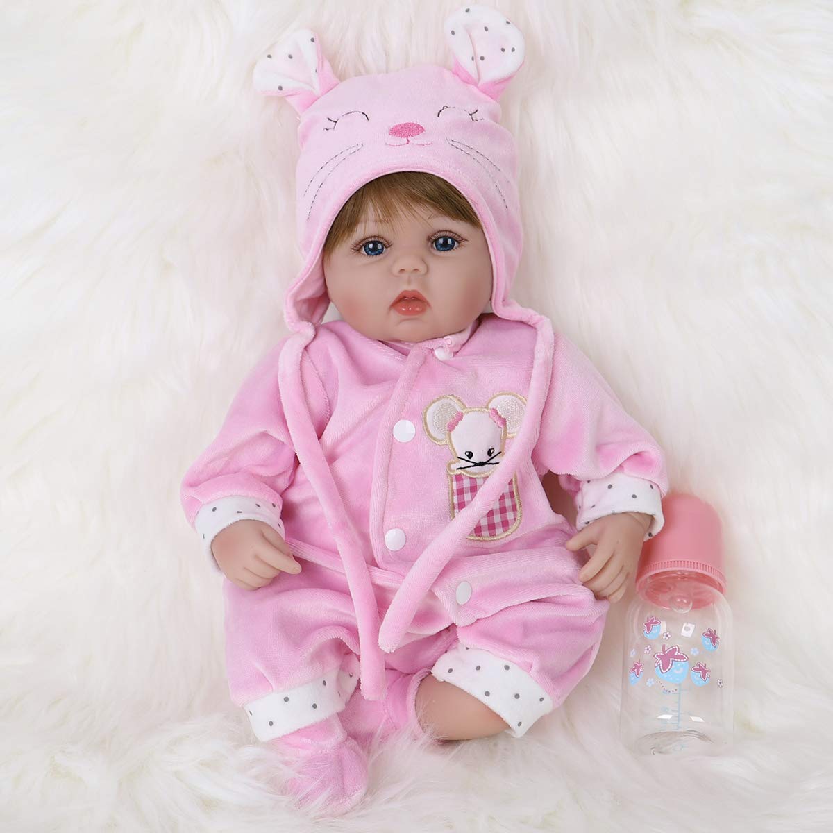 ENADOLL Pink Mouse Doll with big blue eyes for imaginative play.