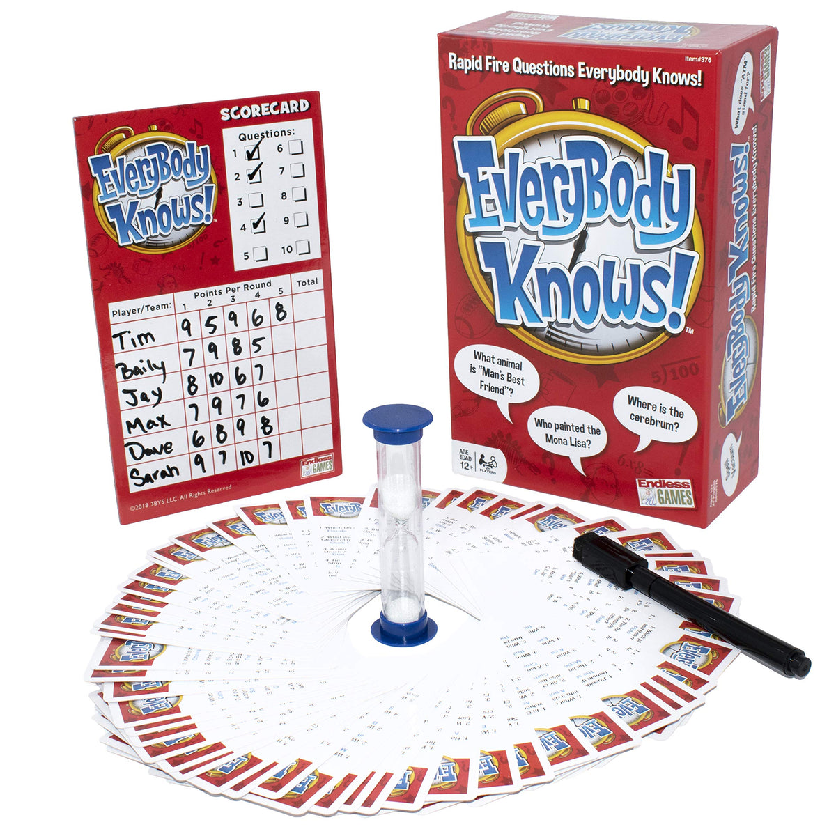 Endless Games Everybody Knows! 2018 box front, highlighting quick party trivia for game nights.