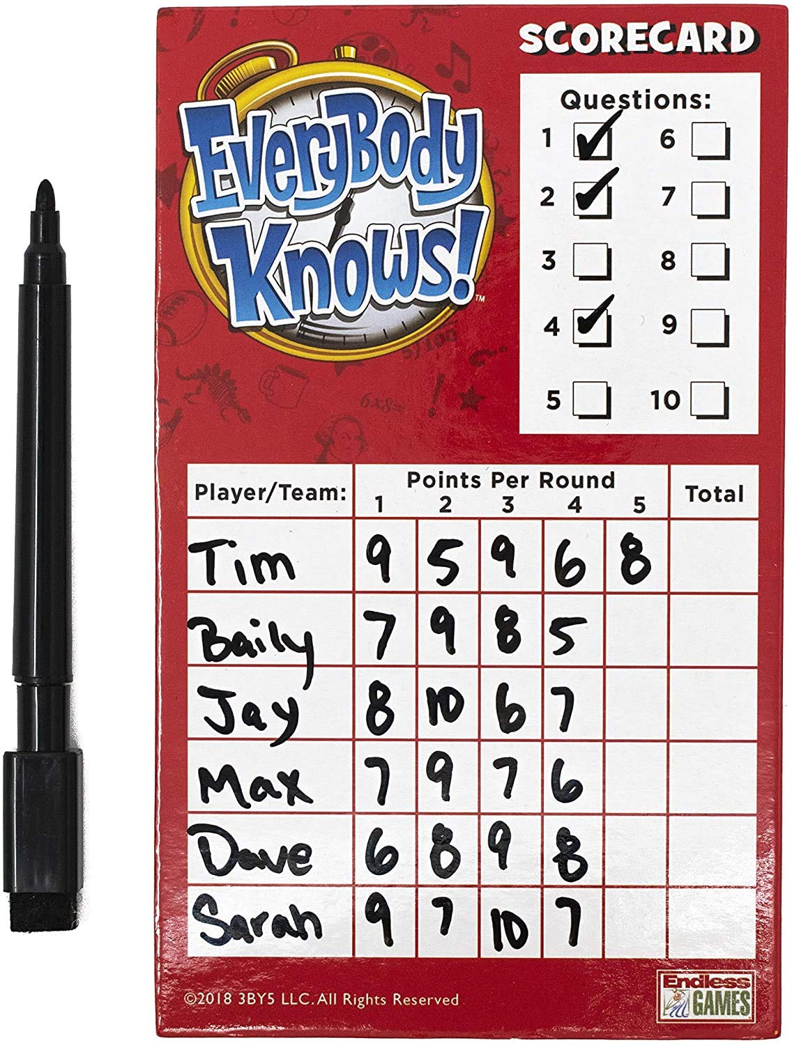 Endless Games Everybody Knows! 2018 Question cards showcasing broad topics and trivia.