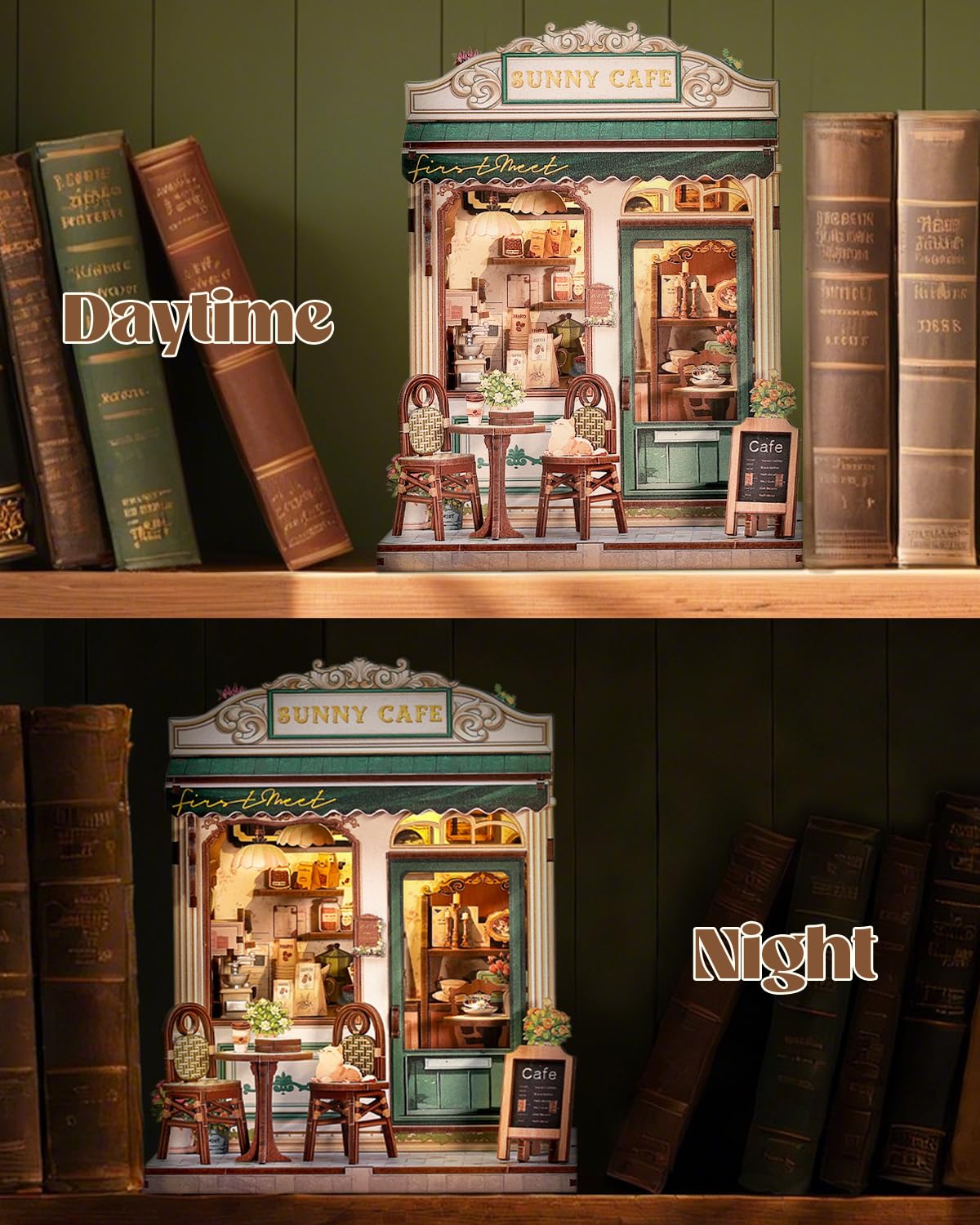 Endless Limit Sunny Cafe Book Nook Kit assembly workspace reveals durable wood parts and tiny decor