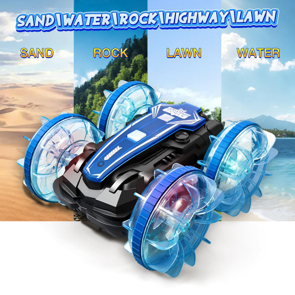 Enerhamp RC car with 4WD grips rough terrain for durable play.