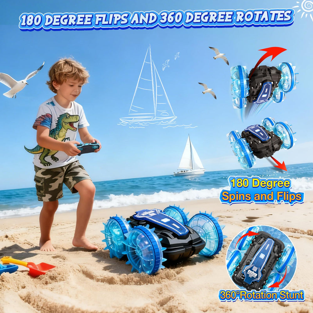 Enerhamp amphibious RC car with LED lights enhances night-time fun.