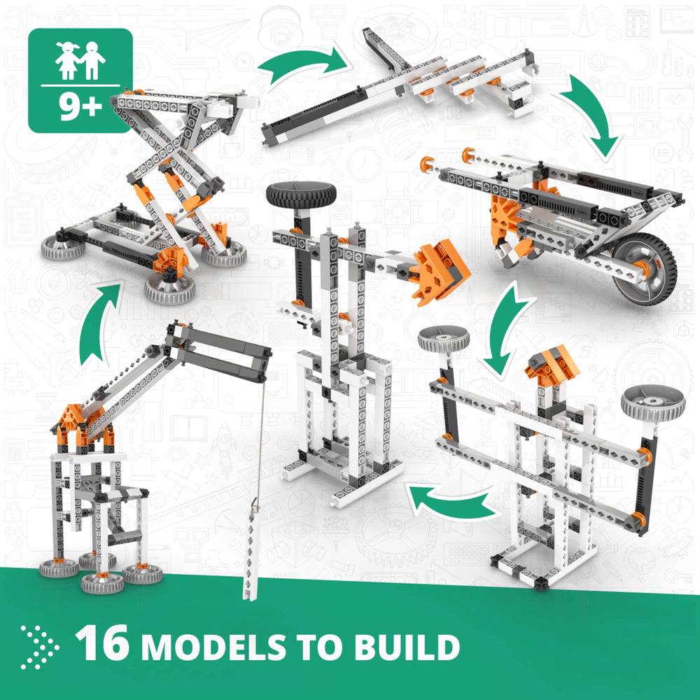 Engino bridge model with levers and linkages displaying structural support and motion.