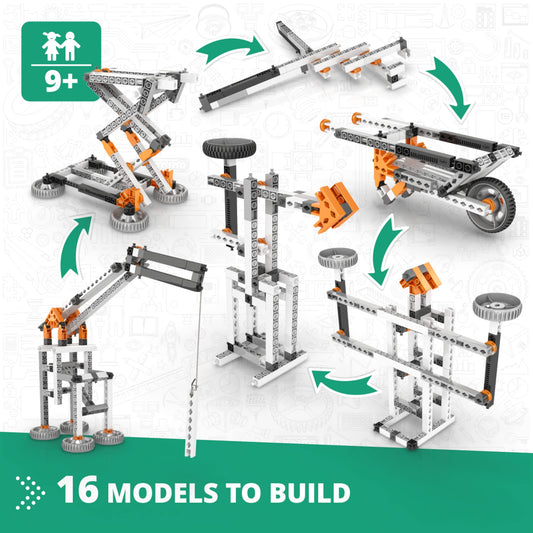 Engino bridge model with levers and linkages displaying structural support and motion.