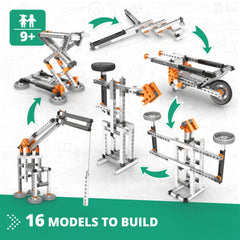 Engino bridge model with levers and linkages displaying structural support and motion.
