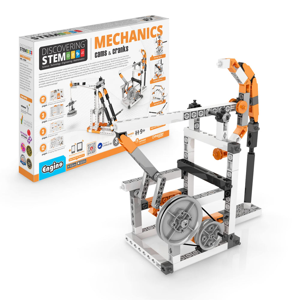Engino fishing crane model demonstrates cams and cranks turning motion