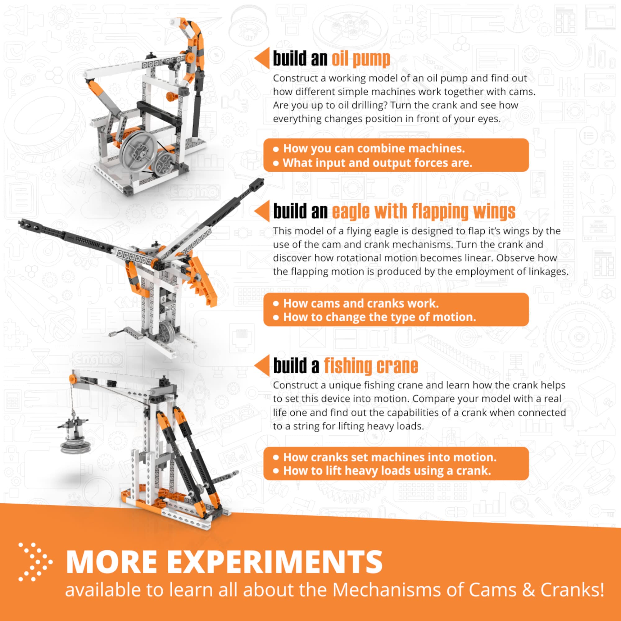 Engino mechanics cams cranks overview image shows the model lineup for hands-on learning