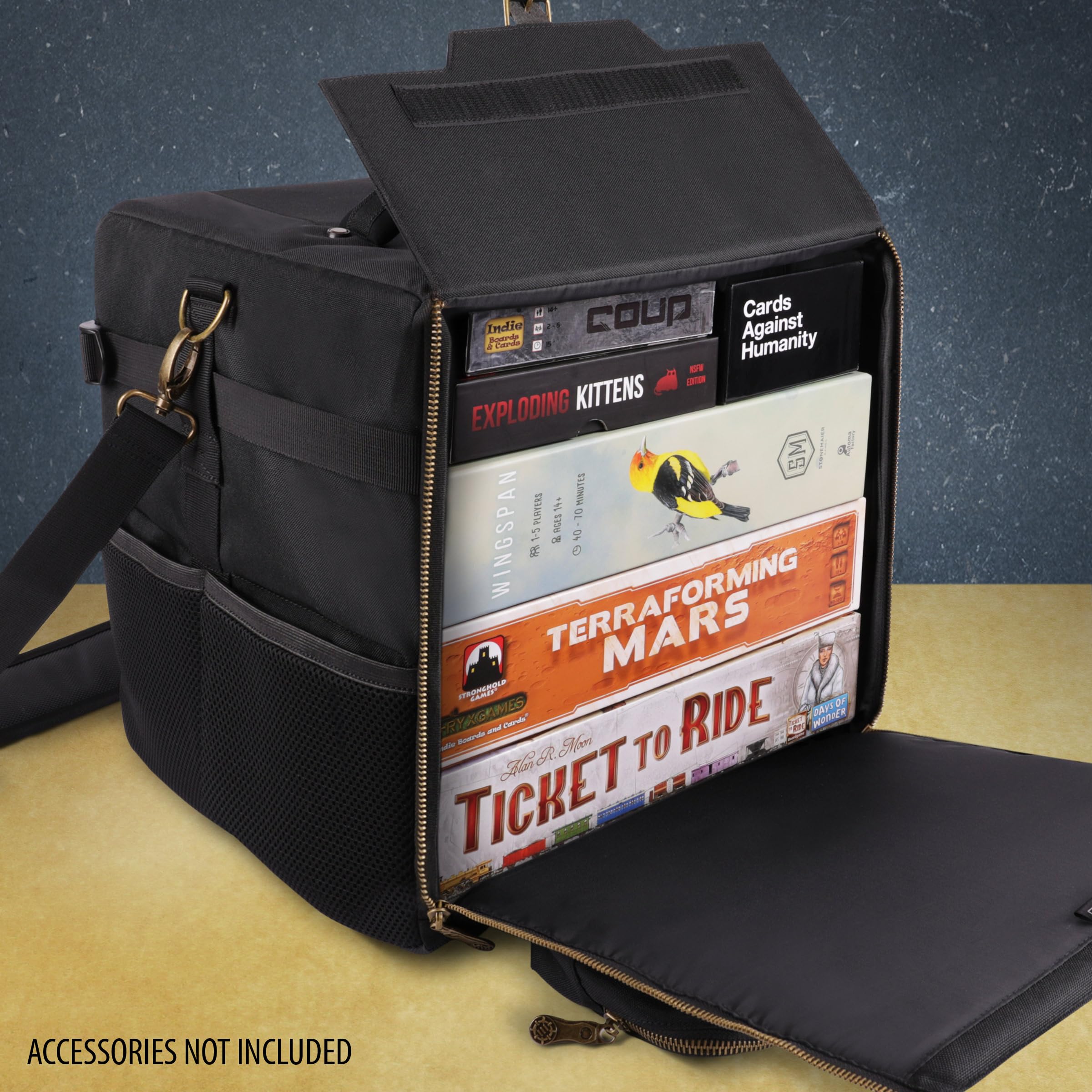 ENHANCE Board Game Shoulder Bag front pockets keep dice, cards, and small accessories organized.