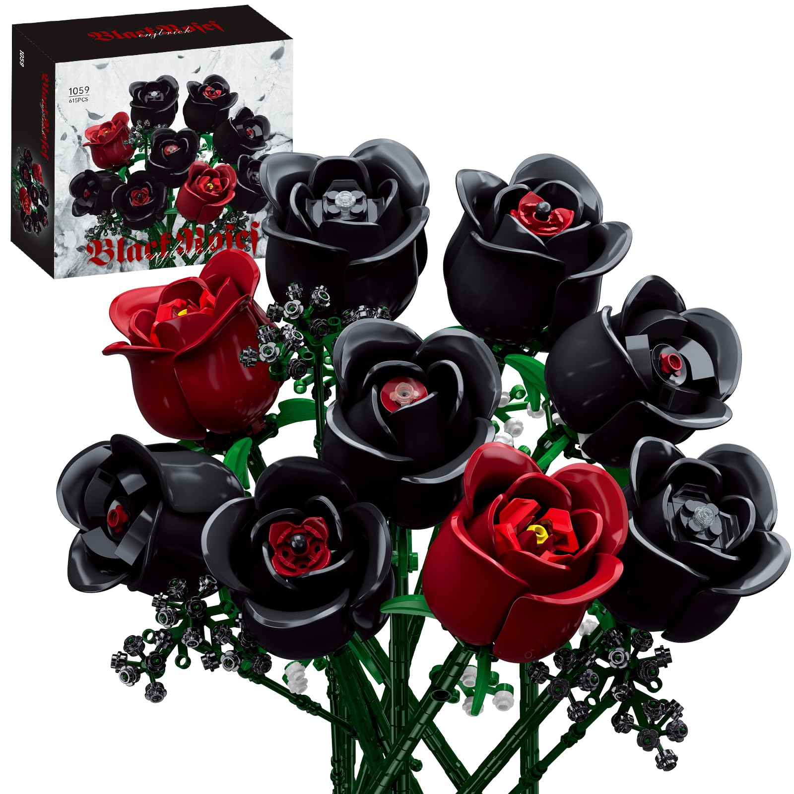 ENJBRICK black roses bouquet with buildable stems for elegant tabletop decor.