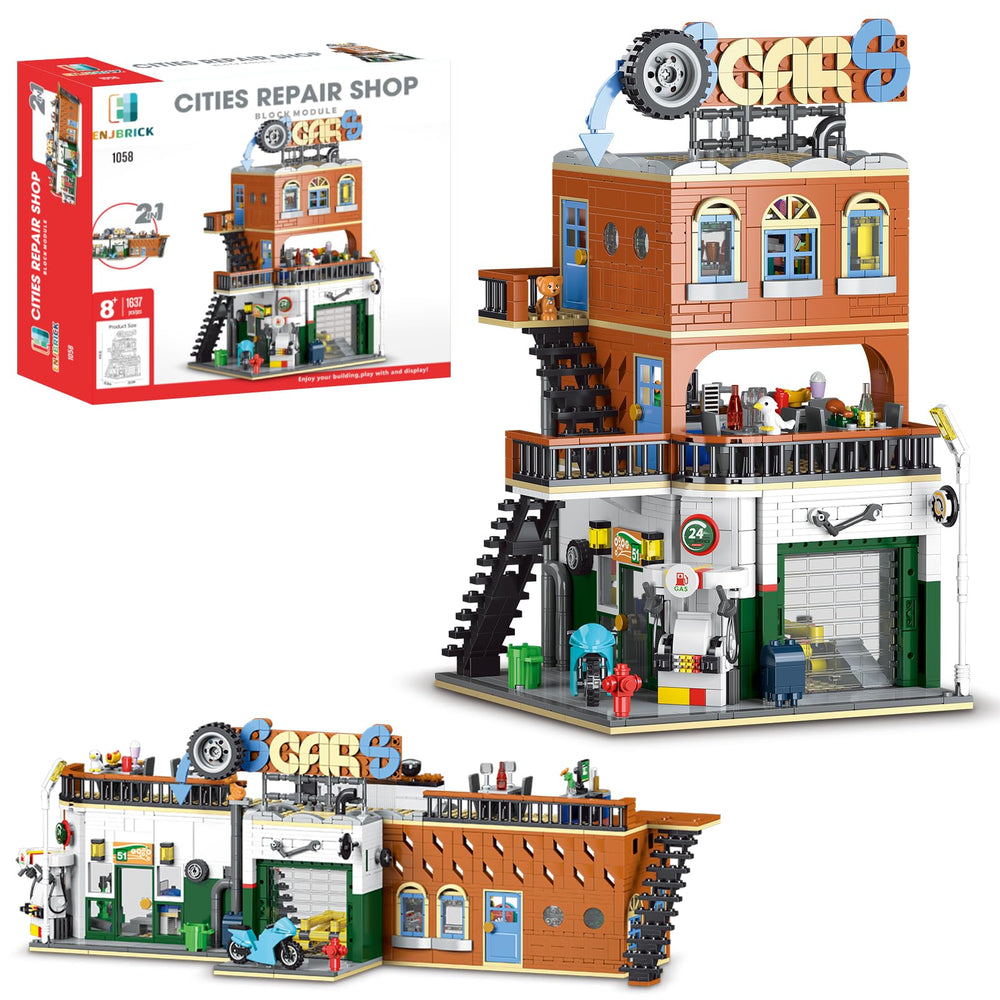 ENJBRICK City Car Repair Shop exterior for display and imaginative play