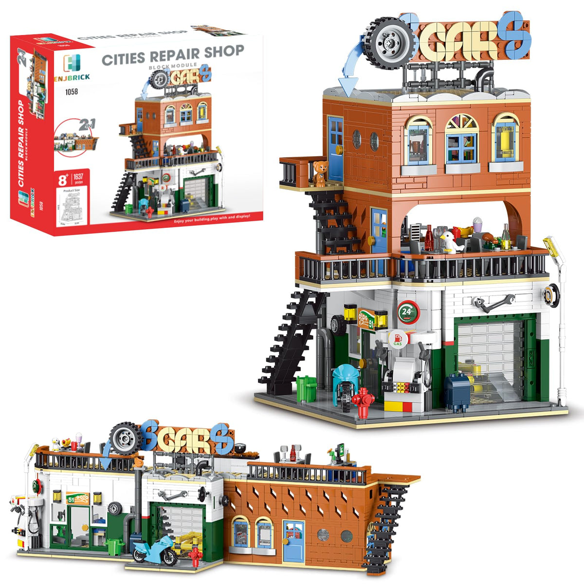 ENJBRICK City Car Repair Shop exterior for display and imaginative play