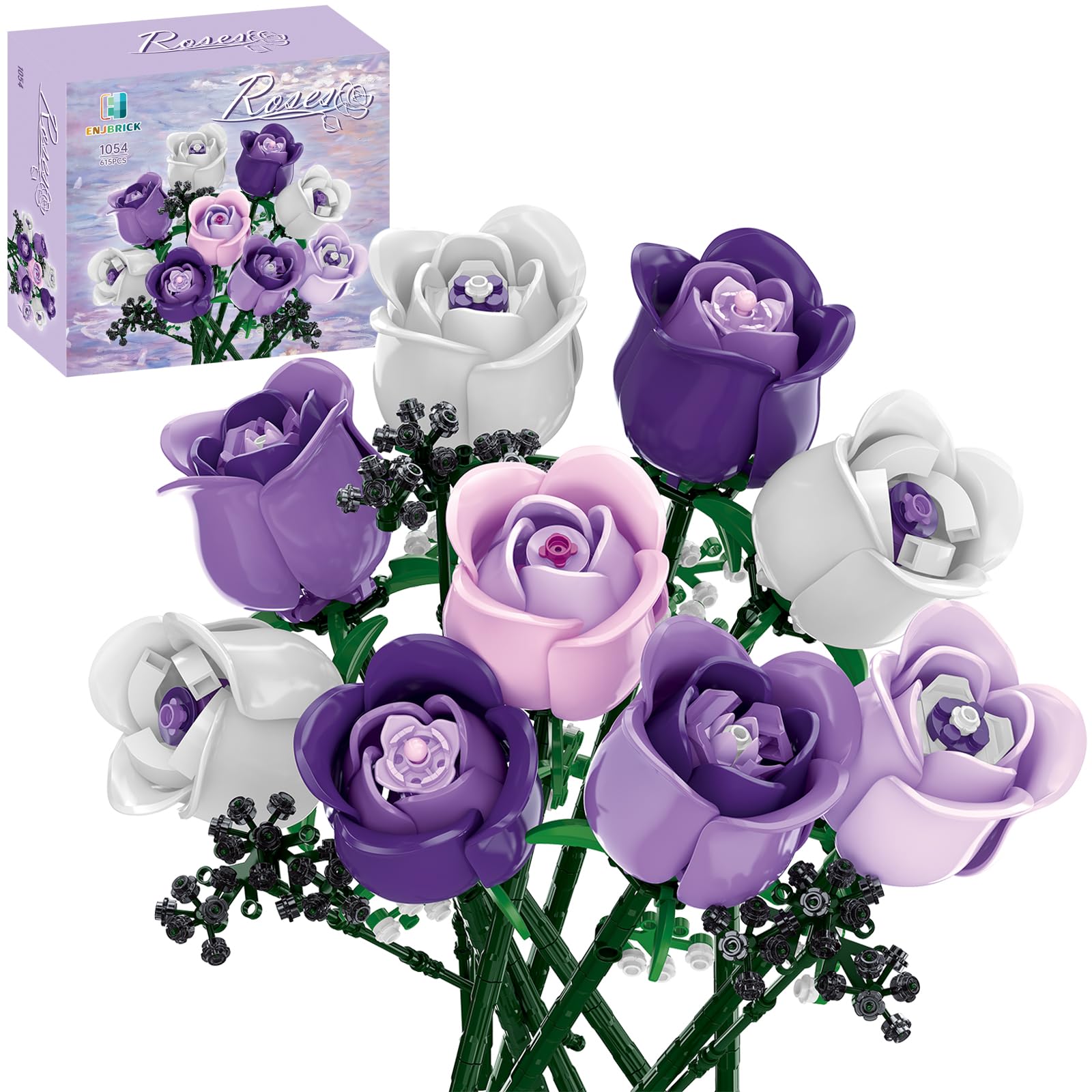 ENJBRICK Flowers Bouquet buildable kit with pink roses, great for vibrant home decor.