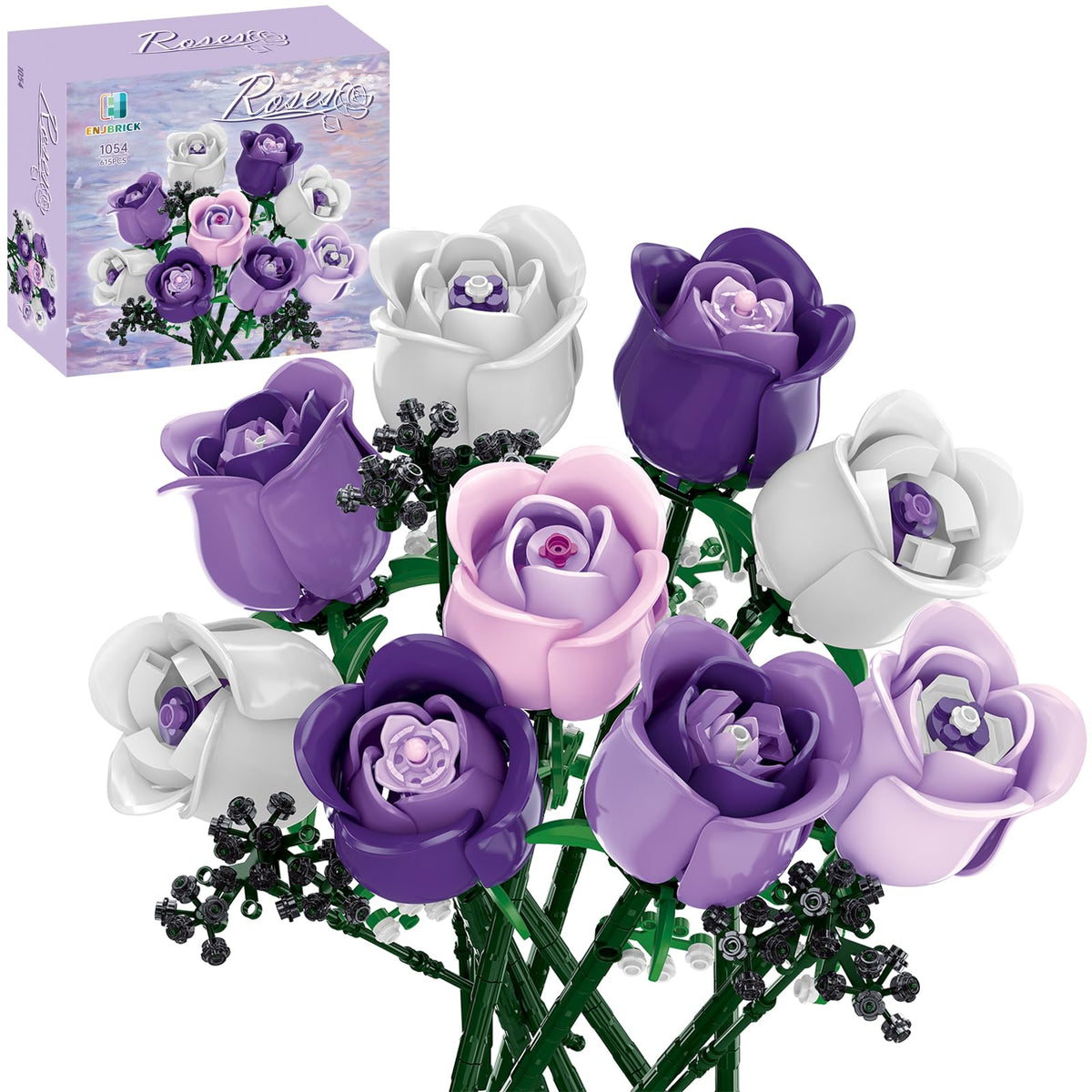 ENJBRICK Flowers Bouquet buildable kit with pink roses, great for vibrant home decor.