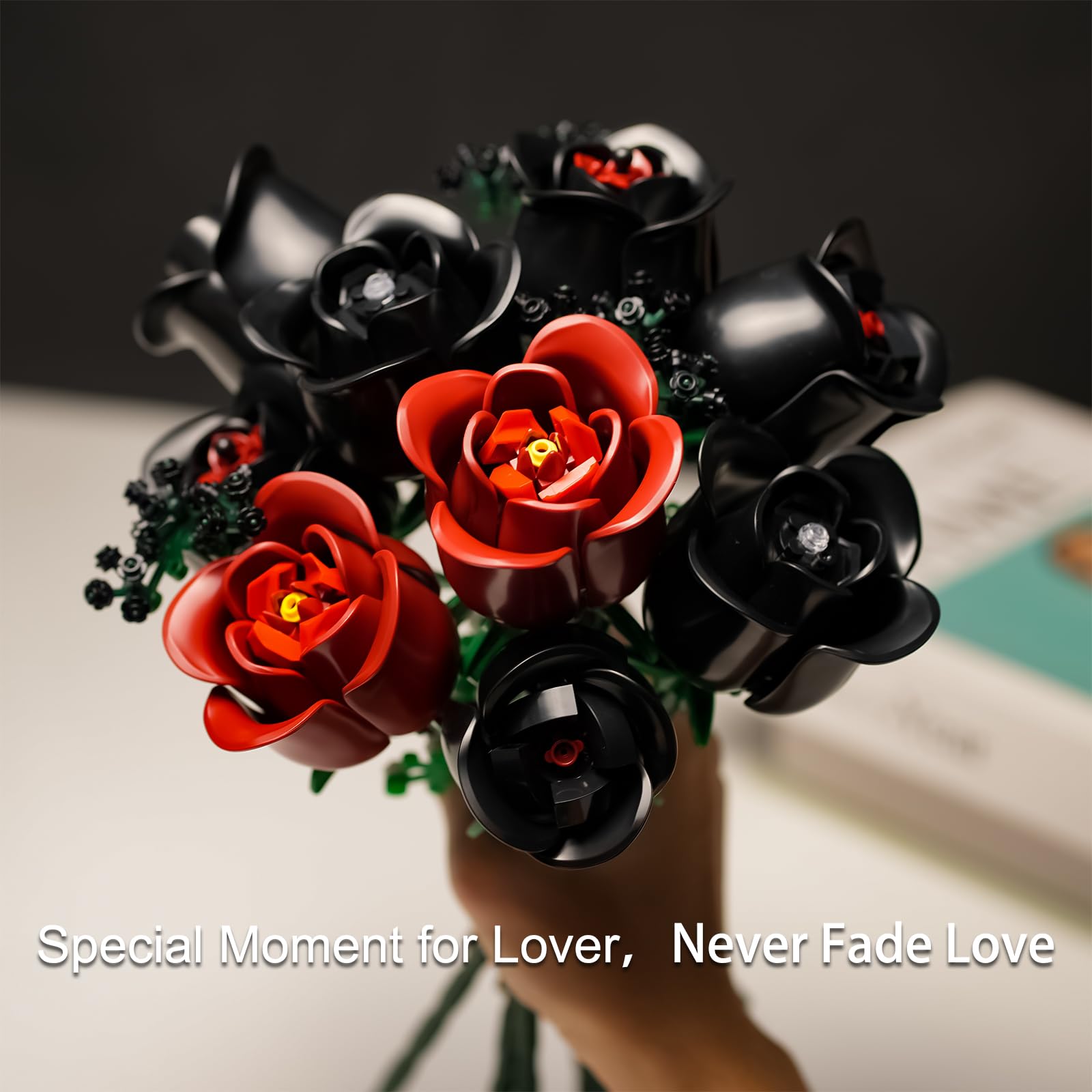 ENJBRICK red rose accents add contrast to gothic bloom display.