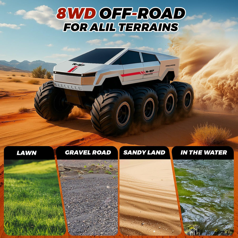 ENJOYFLY 8WD All-Terrain pickup provides steady grip on grass, sand, and gravel.