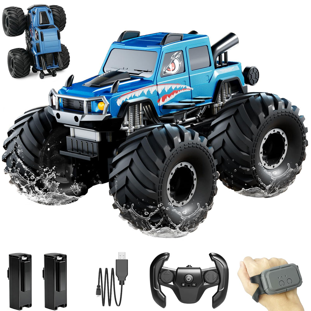 EnjoyFly amphibious RC truck front view showing rugged all-terrain capability.
