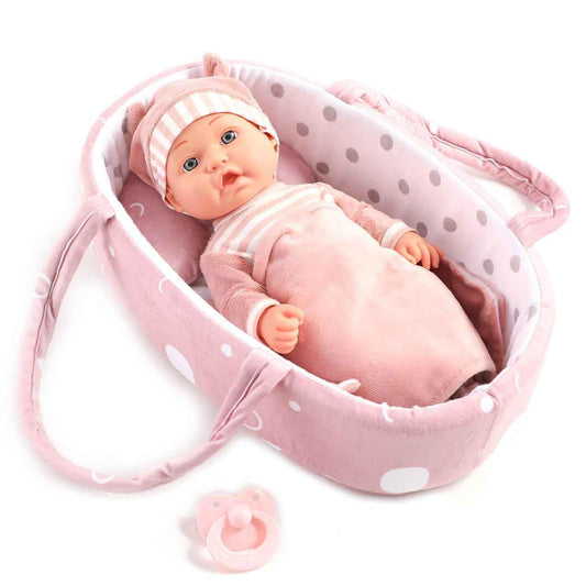 Enjoyin 12-inch baby doll playset carrier bassinet bed, held for portable play.