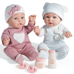 Enjoyin girl and boy dolls with pacifiers for comforting play.
