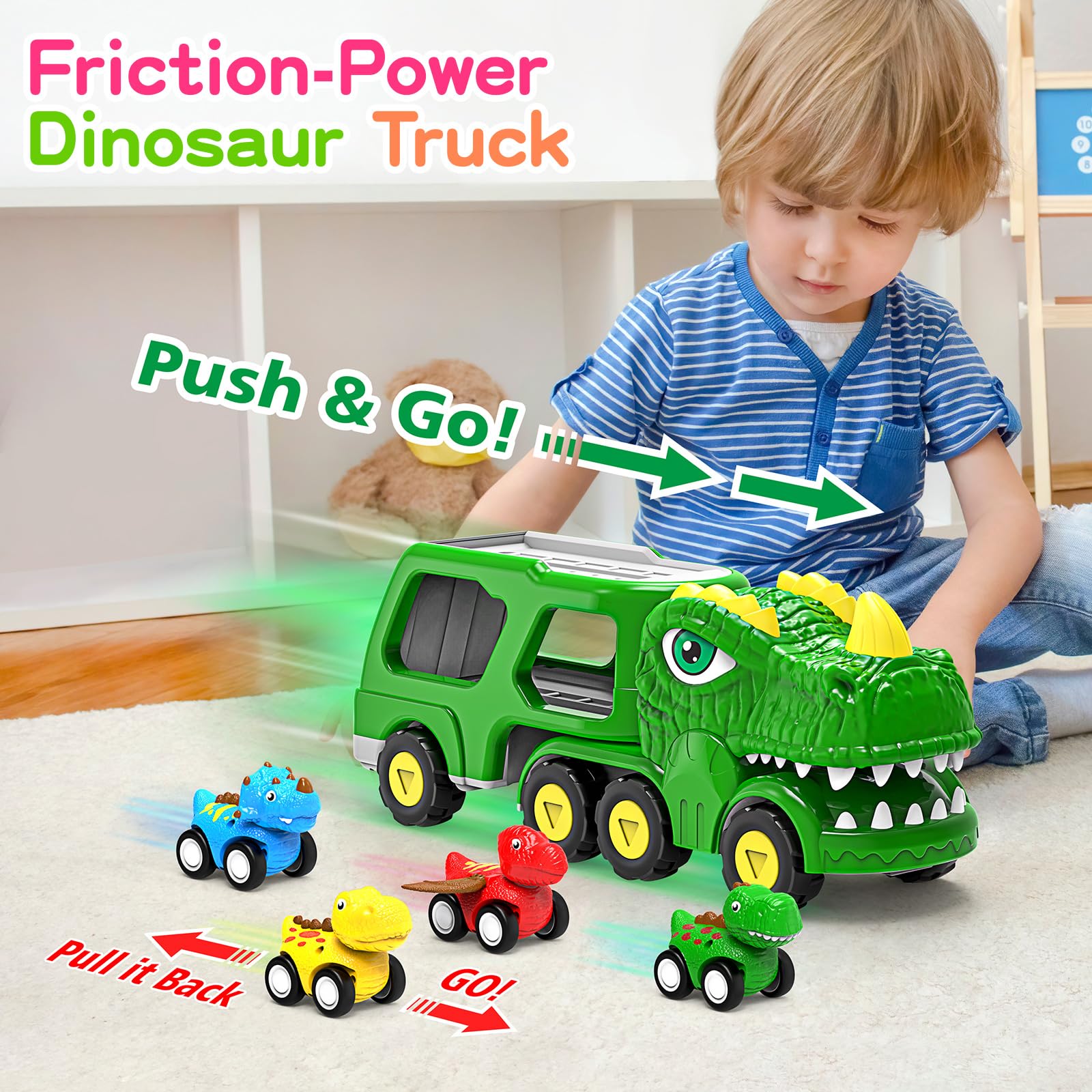 enjsd pull-back dinosaur cars in vibrant colors encourage active play
