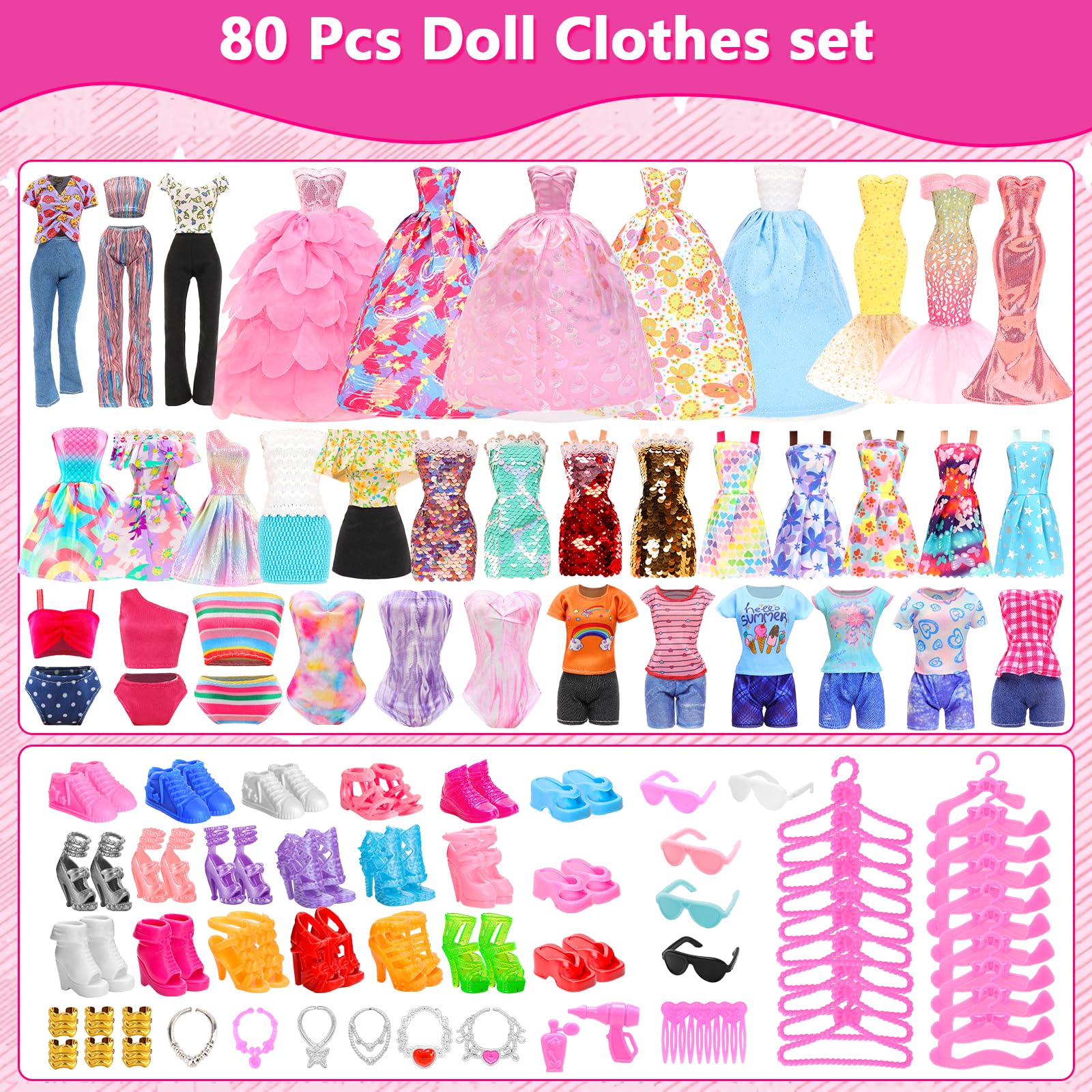 ENOCHT doll shoes and hangers set for easy dressing and organization.