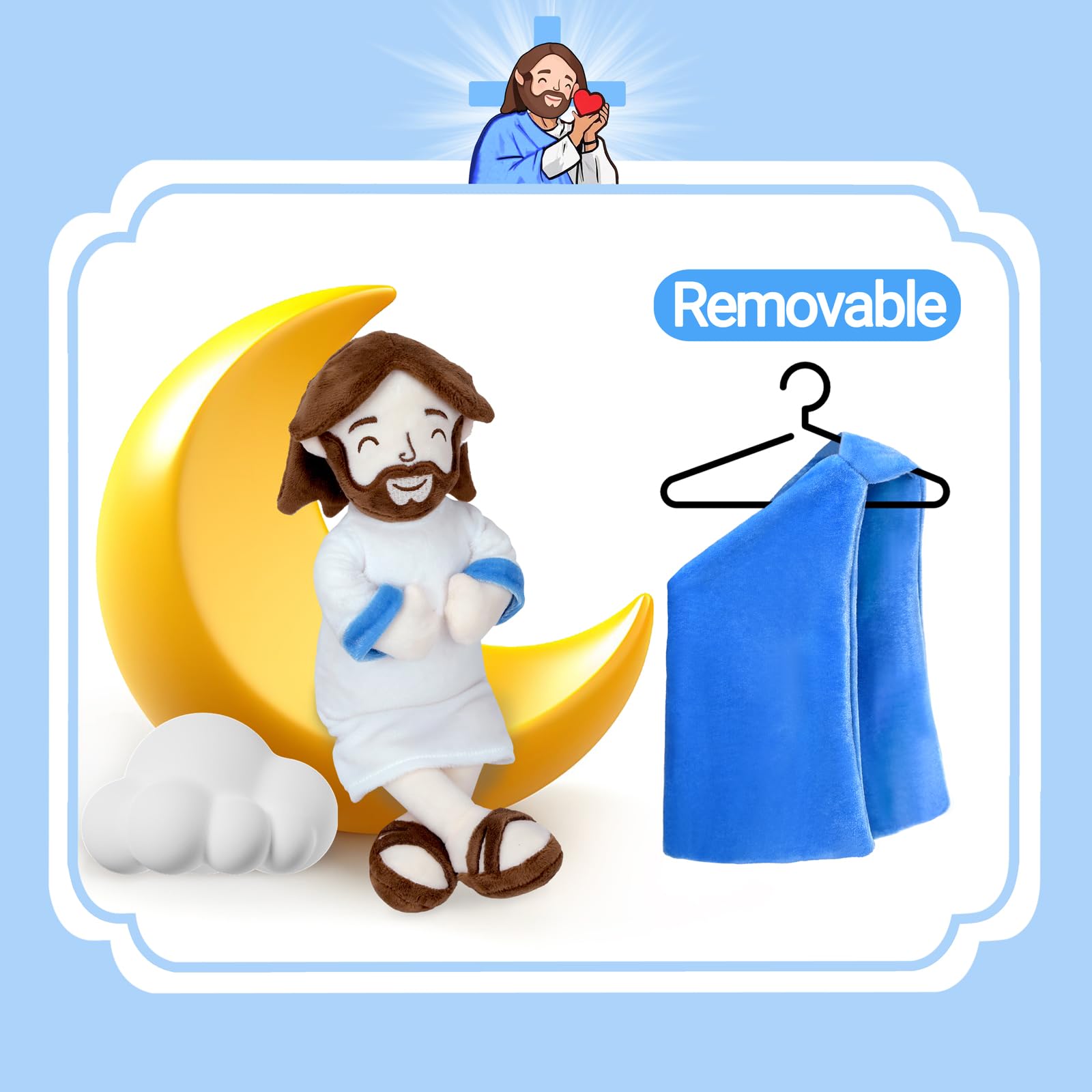 Enryounr Jesus Plush features blue sash, enhancing display value.
