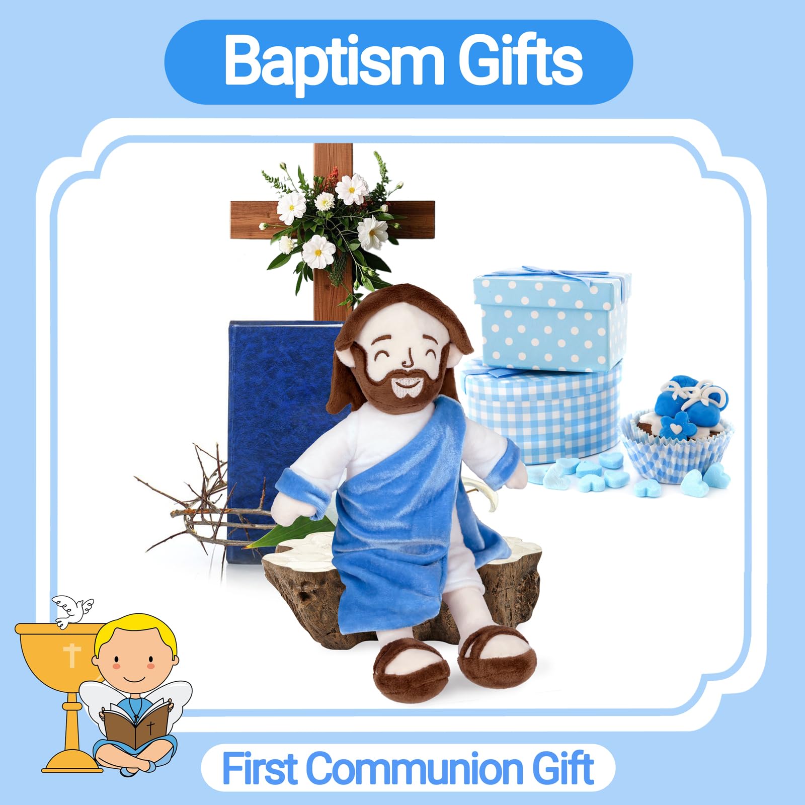 Enryounr Jesus Plush sits comfortably on desks or shelves.