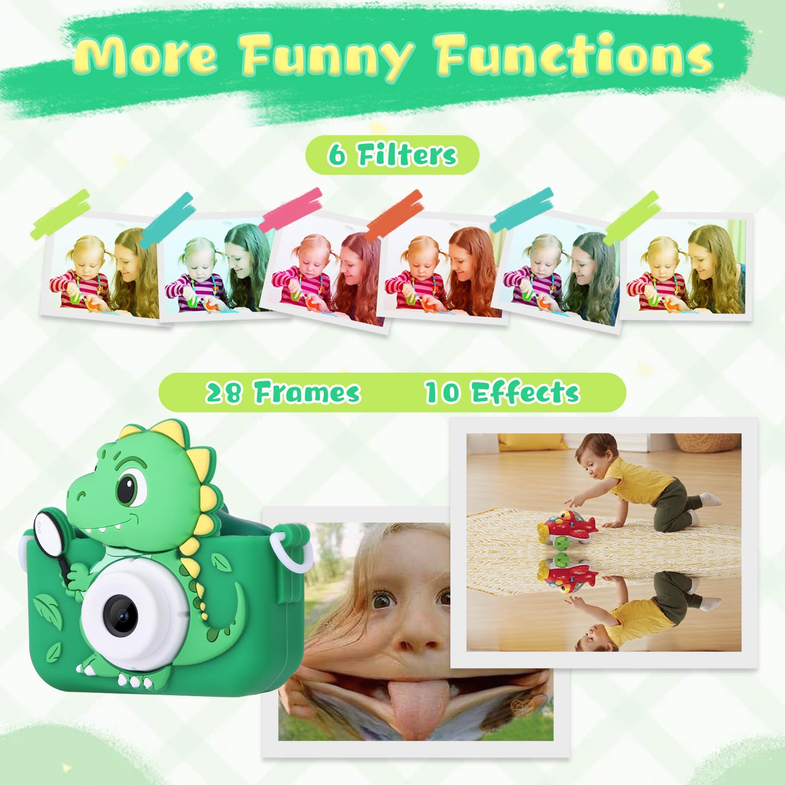 Envyvip dinosaur camera showing education games and playful filters