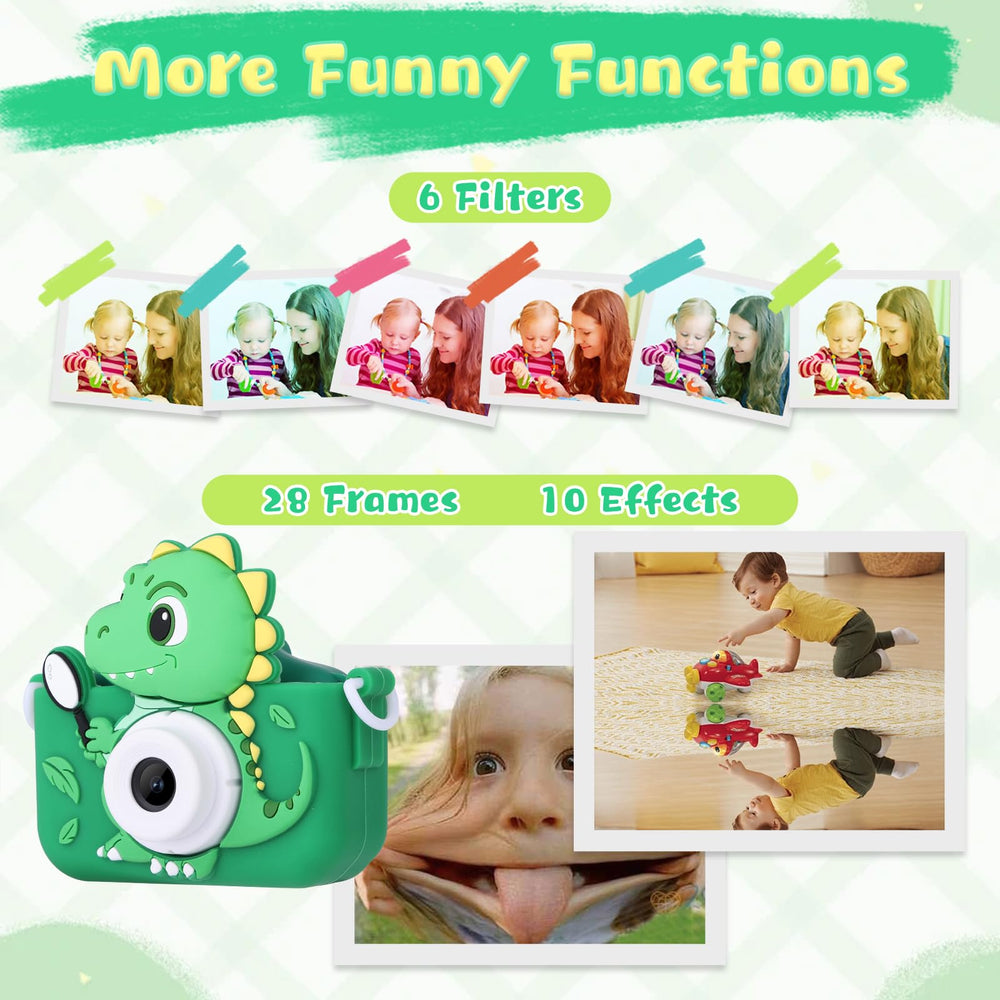 Envyvip dinosaur camera showing education games and playful filters