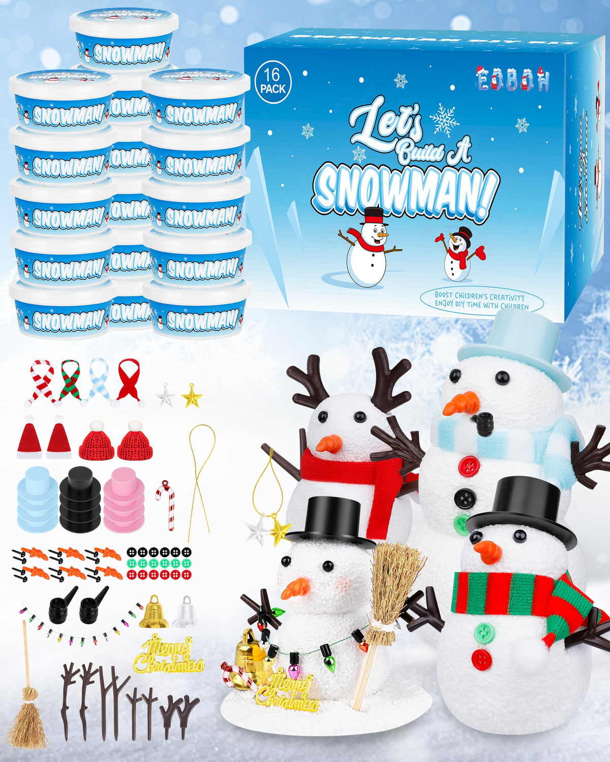 EOBOH 16-pack Snowman Kit packaging — all-in-one holiday craft
