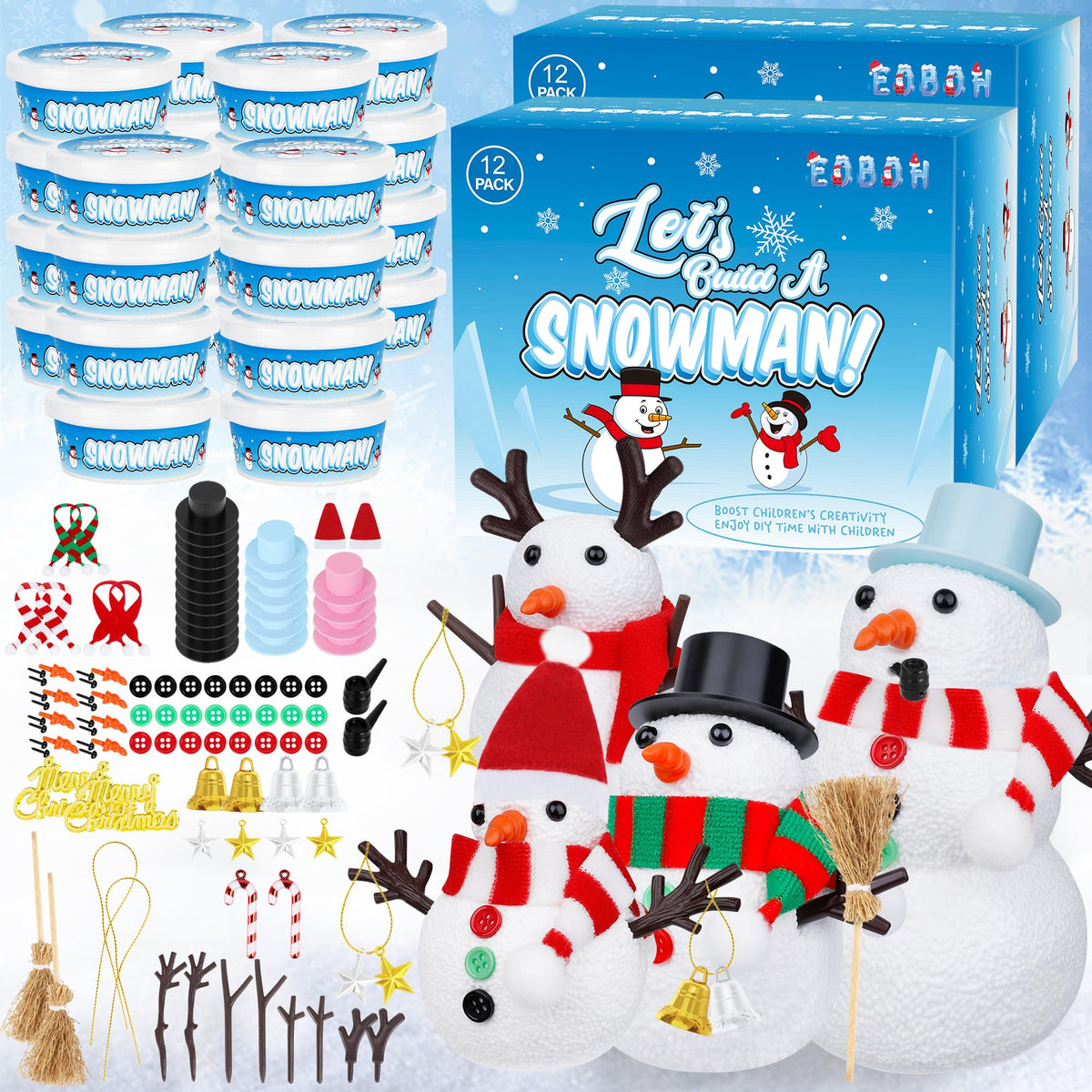 EOBOH Build a Snowman Kit package showing colorful components for creative winter crafts