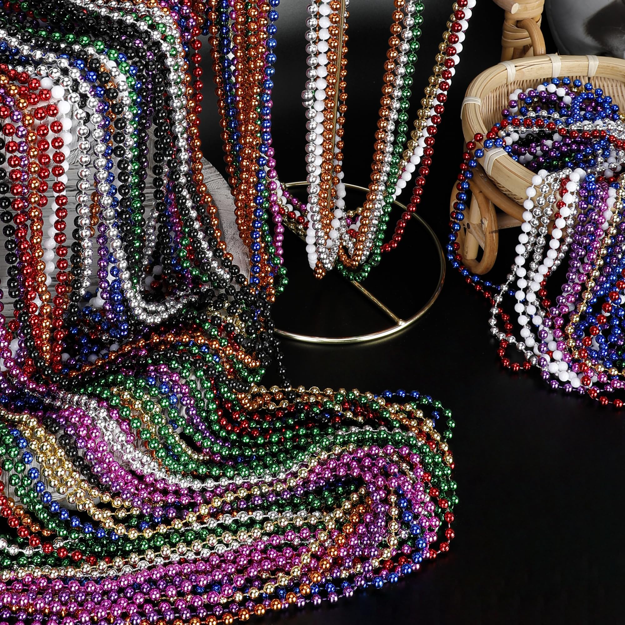 Beads displayed in parade setup highlighting universal 33-inch length