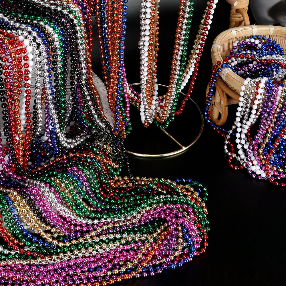 Beads displayed in parade setup highlighting universal 33-inch length