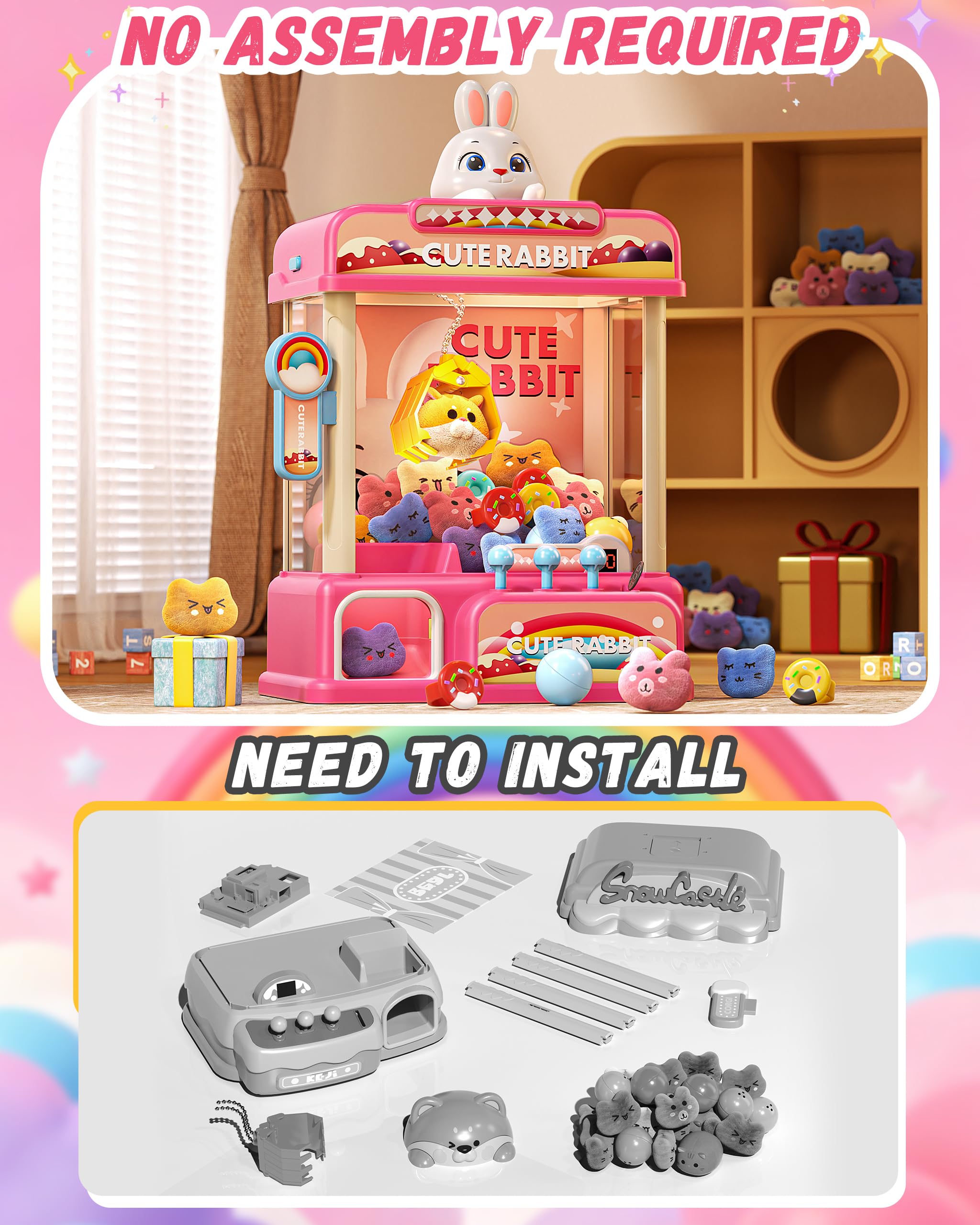 Eohemeral claw machine filled with plush toys and prizes for engaging fun.