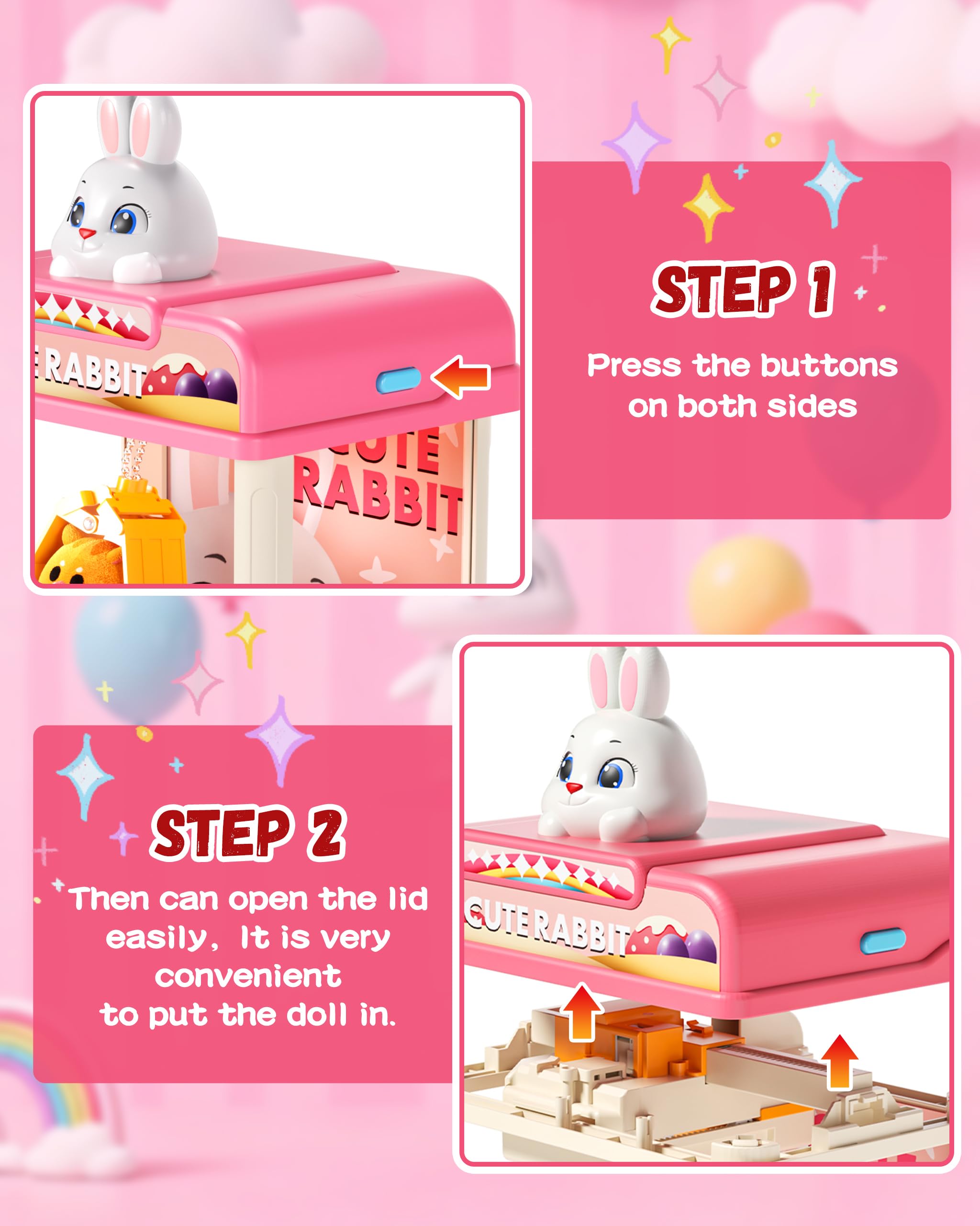 Eohemeral detachable rabbit head feature enables customizable play.