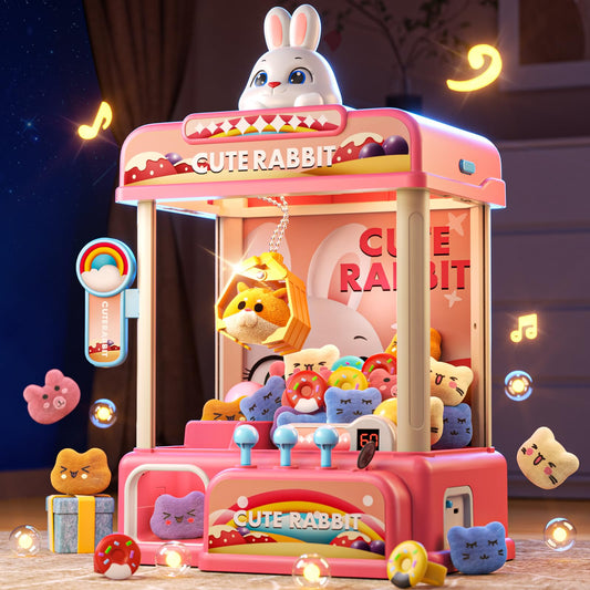 Eohemeral large rabbit claw machine front view with prizes, ready for play.