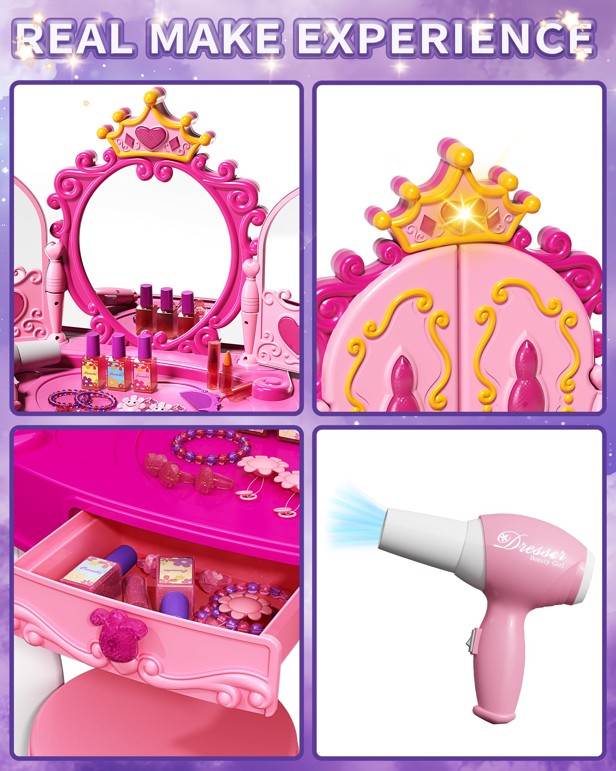 Eohemeral makeup table lights and music create a magical dressing room ambiance