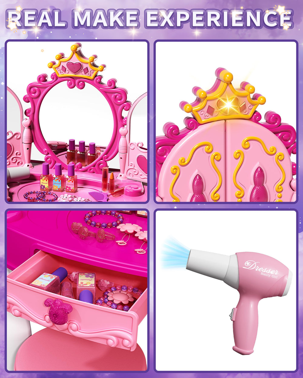 Eohemeral makeup table lights and music create a magical dressing room ambiance